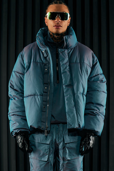 Stormy Iridescent Heavy Weight Cropped Puffer Jacket Blue