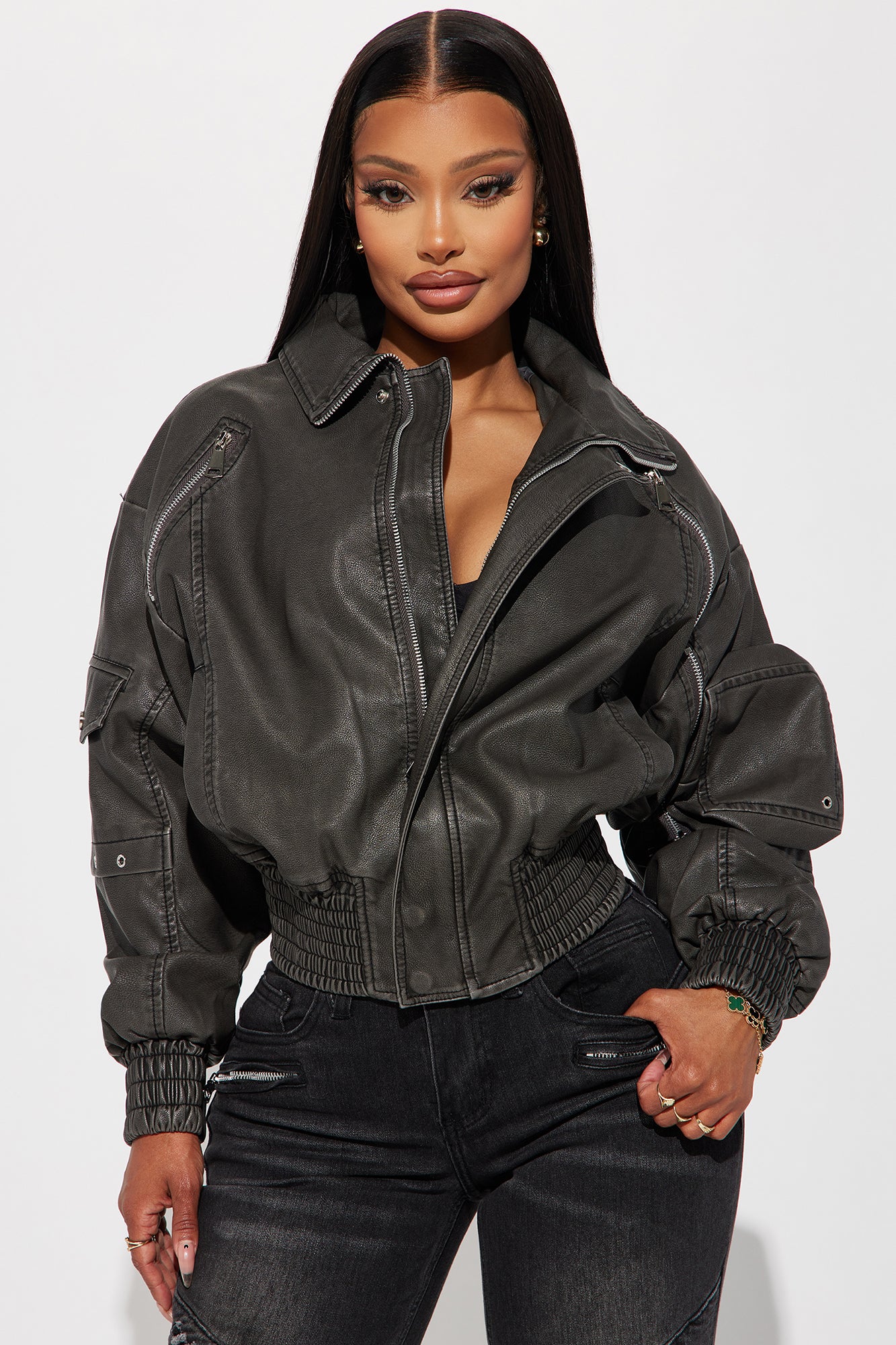 FAUX LEATHER CROP BIKER JACKET - Charcoal