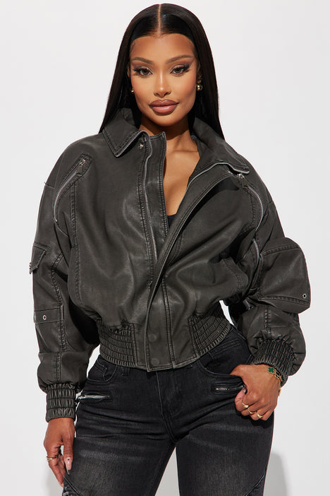 Hazel Washed Faux Leather Bomber Jacket - Charcoal