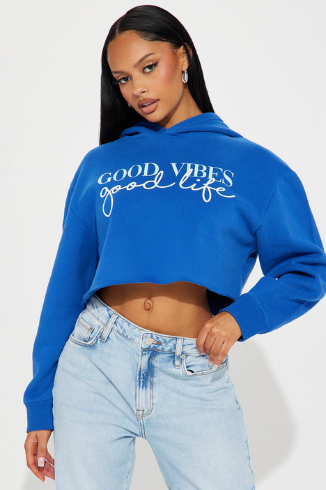 Good Vibes Good Life Crop Hoodie Blue