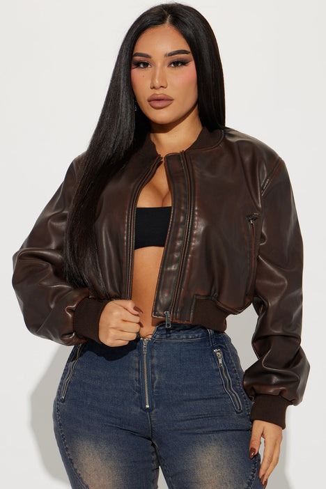 Zoe Washed Faux Leather Bomber Jacket Brown Fashion Nova