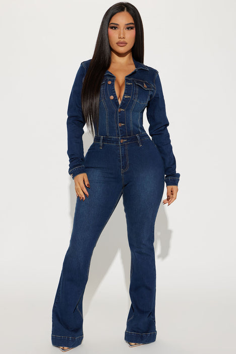 Only long sleeve jumpsuit in light blue denim