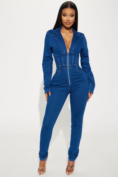 Bring The Energy Denim Jumpsuit Dark Wash Fashion Nova