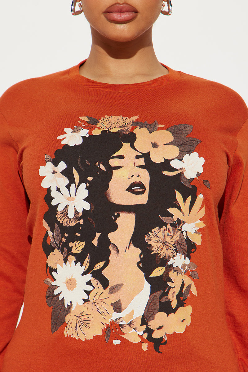 Inner Peace Long Sleeve Graphic - Rust | Fashion Nova, Screens Tops and ...