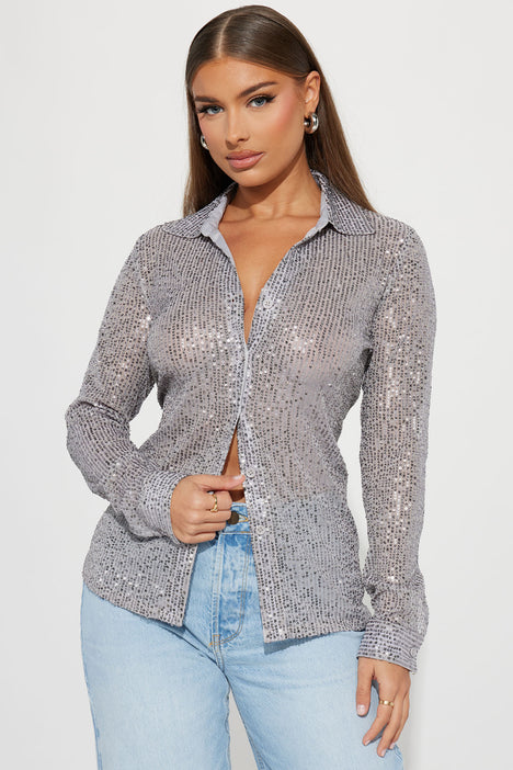 Turn Up The Lights Sequin Shirt Silver