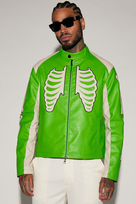 Bones Faux Leather Motocross Jacket Green Fashion Nova Mens