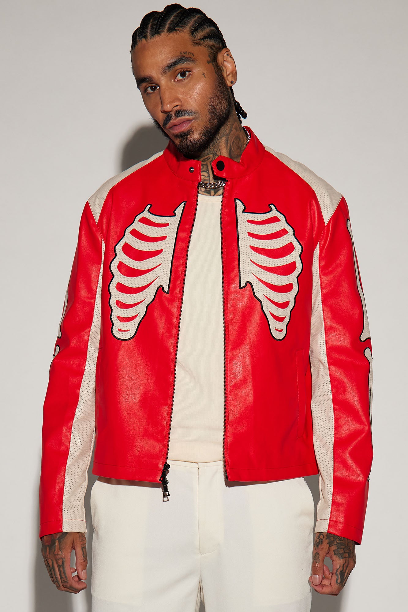 Bones Faux Leather Motocross Jacket Red