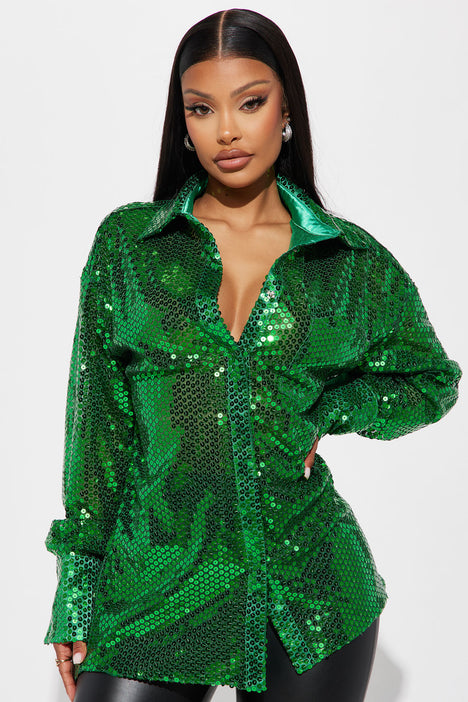 Caught My Eye Sequin Shirt Emerald Fashion Nova Shirts
