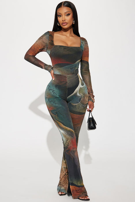 Lost In A Trance Mesh Jumpsuit Olive combo