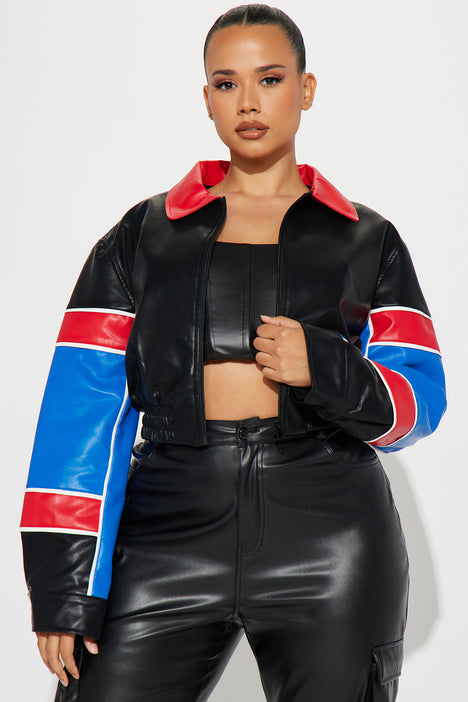 Around The Track Faux Leather Jacket - Blue/combo