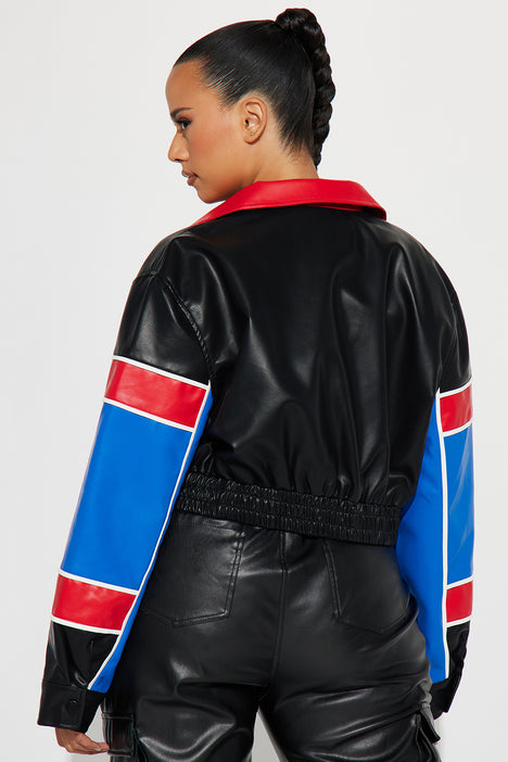 Blue pleather jacket shop