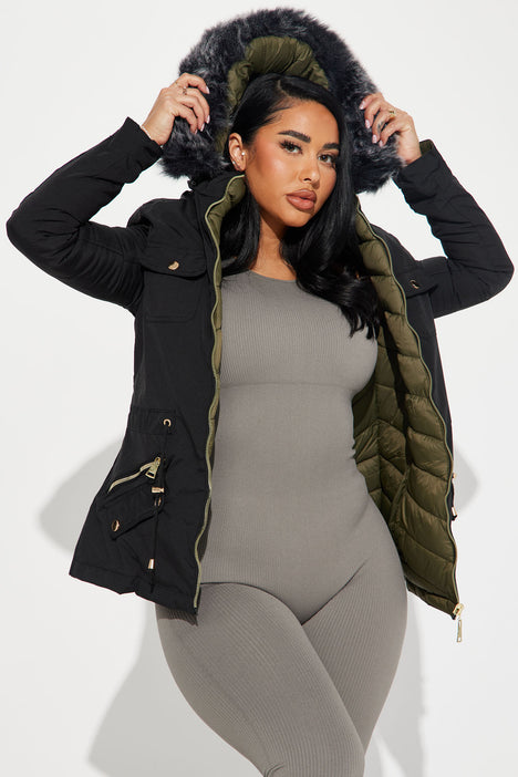 Anabelle Reversible Long Puffer Jacket Black combo