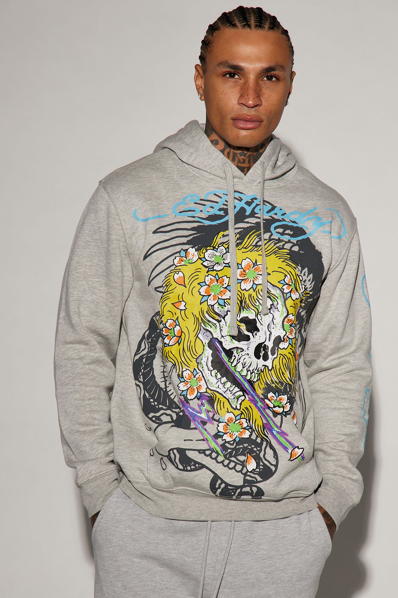 Ed Hardy Blonded Skull Hoodie Heather Grey