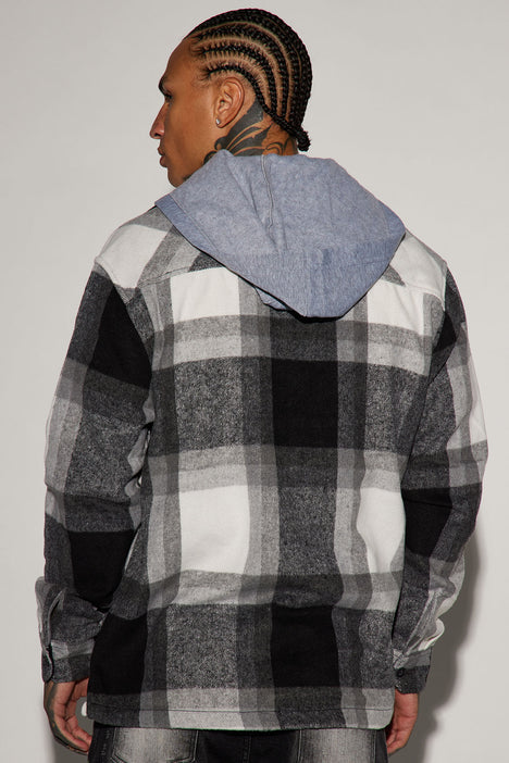 Off The Map Hooded Flannel Shacket Grey Black Fashion Nova