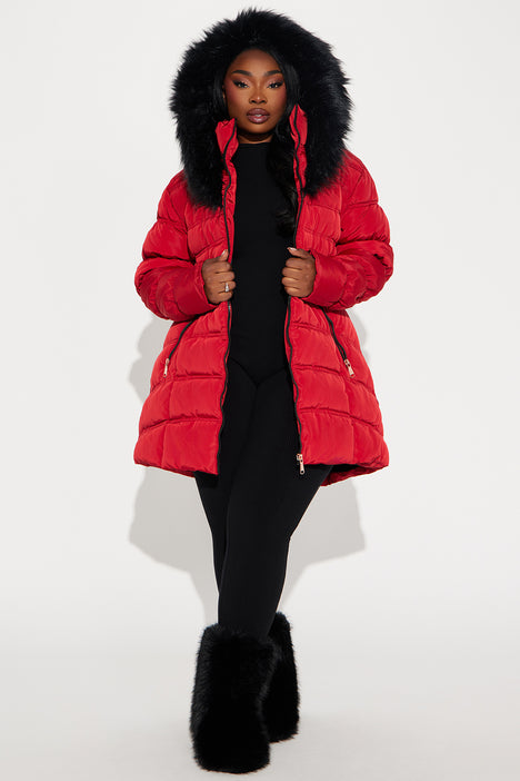 Red puffer coat with black fur hood online