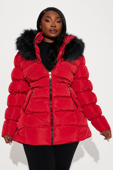 Red puffer coat with fur store