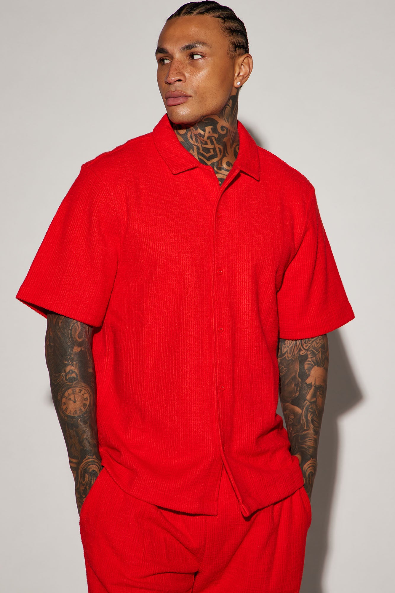 Red button up short top sleeve shirt