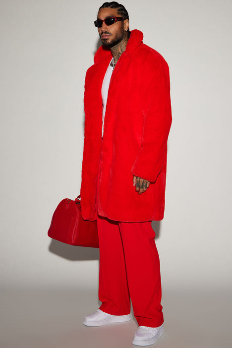 Red faux shop fur coat mens