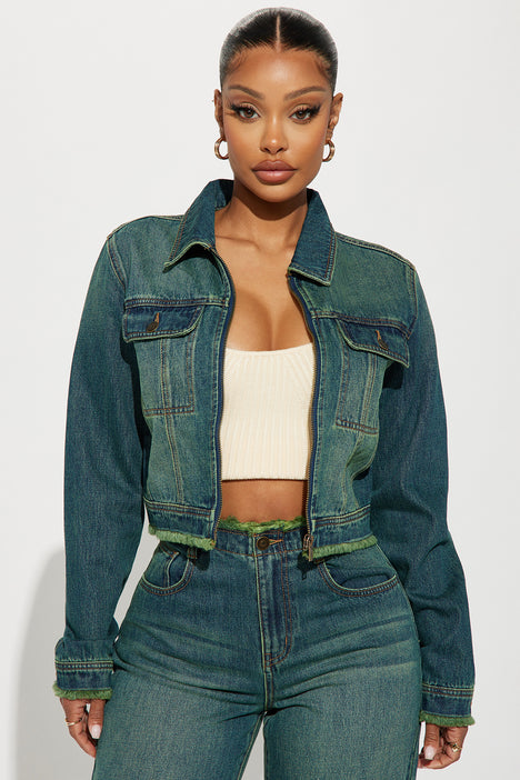 Green cropped denim jacket discount