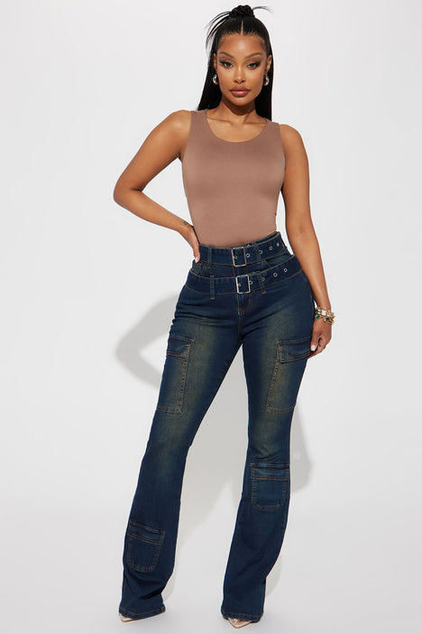 Meet You Halfway Belted Cargo Flare Jeans - Dark Wash