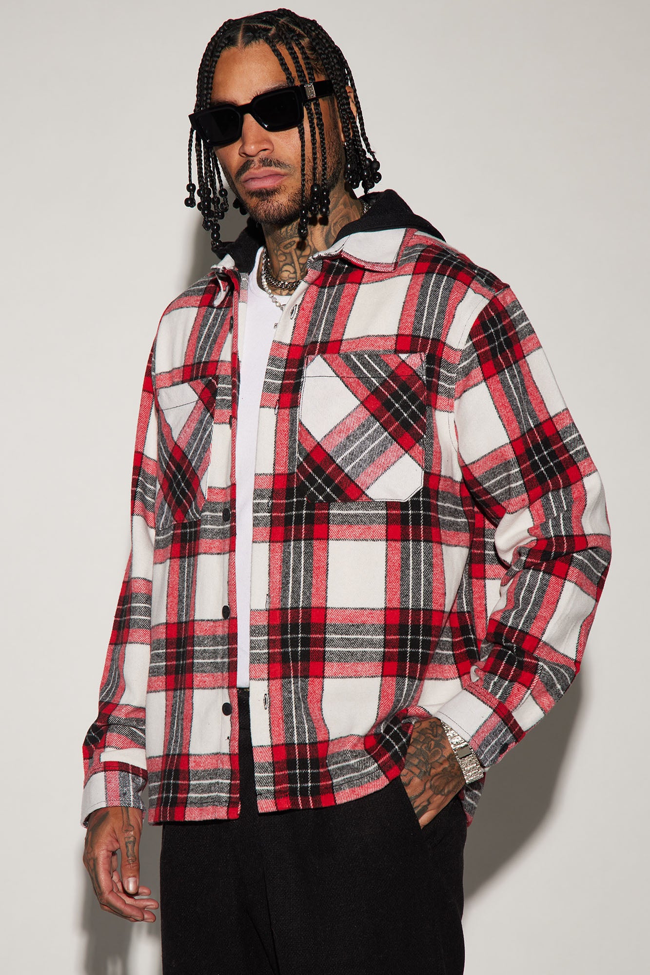 Red hooded flannel shirt discount
