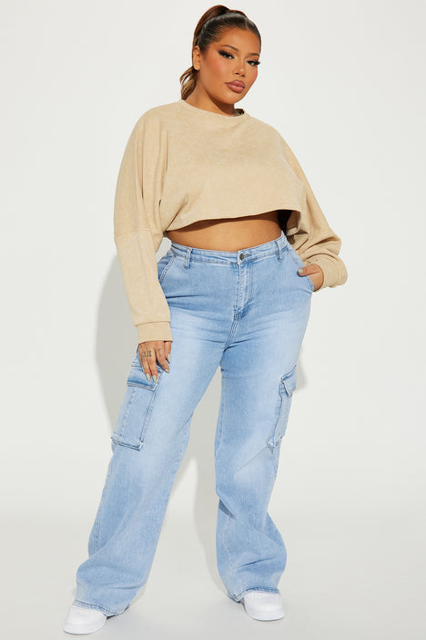 Not That Serious Stretch Cargo Jeans Light Wash Fashion Nova