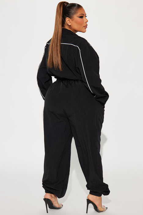 Sporty Love Windbreaker Jumpsuit Black White Fashion Nova