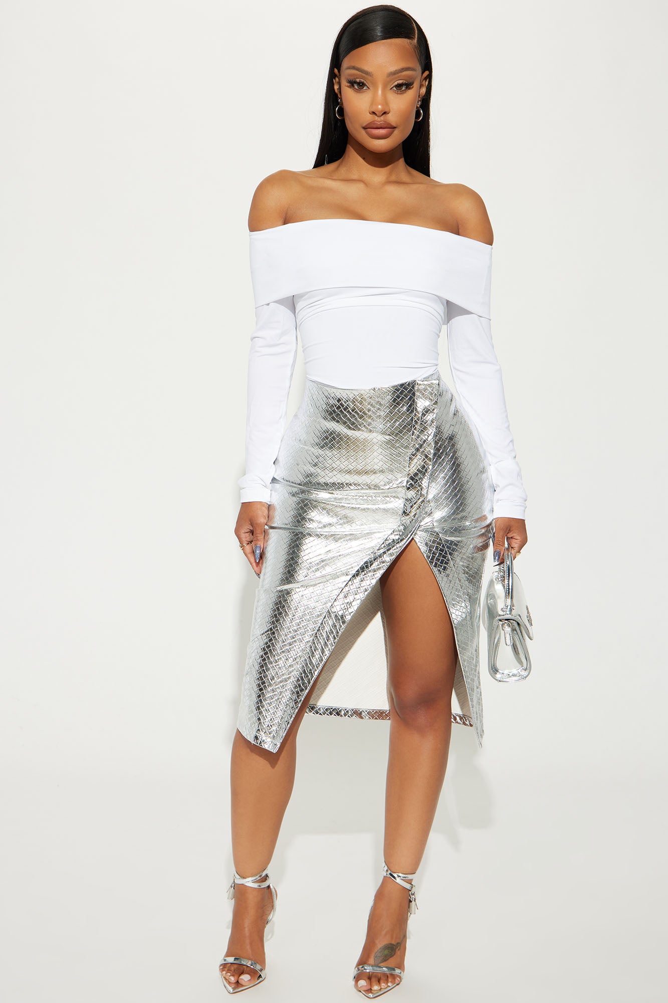 Donna Braided Faux Leather Midi Skirt Silver Fashion Nova