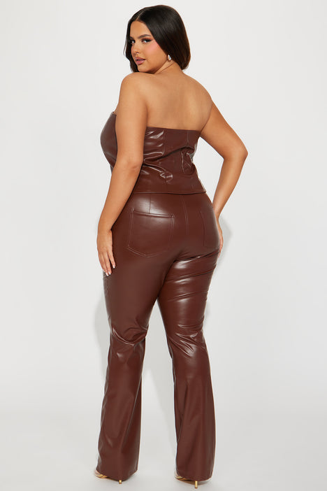 Turning Heads Faux Leather Pant Set Brown Fashion Nova