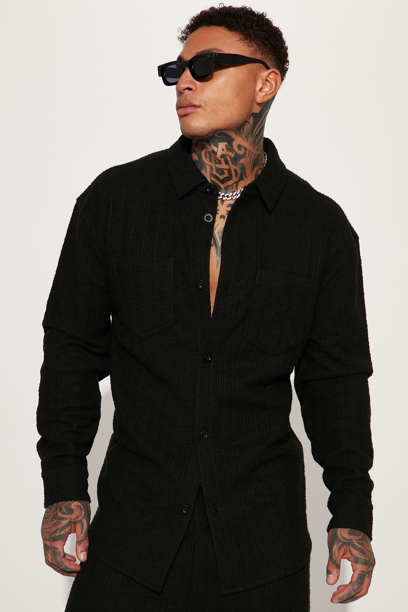 Dean Textured Long Sleeve Button Up Shirt - Black