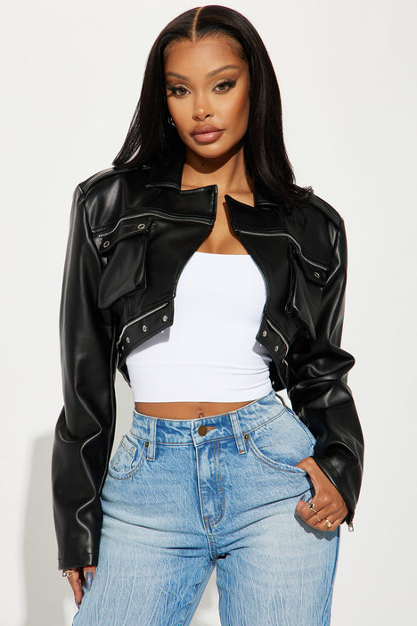 Not Your Angel Faux Leather Cropped Moto Jacket Black Fashion