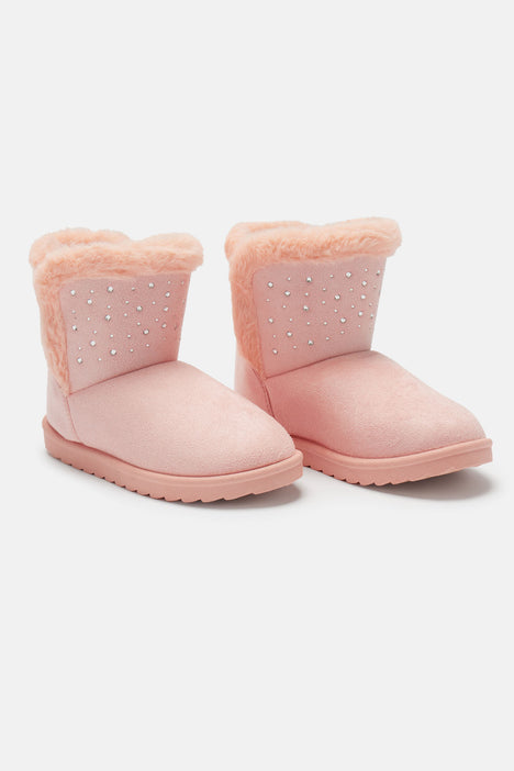 Mini Microsuede Faux Fur Rhinestone Cozy Boots Pink