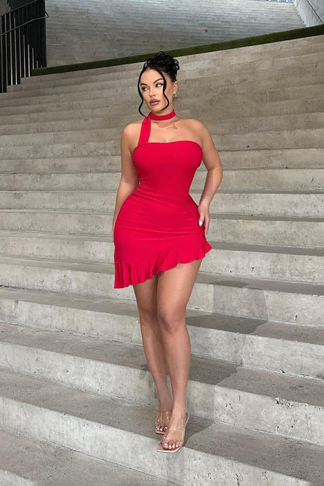 Fashion nova red ruffle hotsell dress
