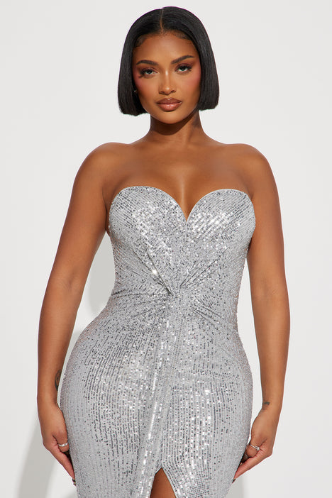 Silver strapless sequin shop dress