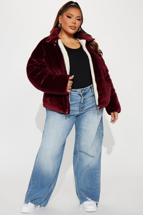 Cici Velvet Puffer Jacket Burgundy