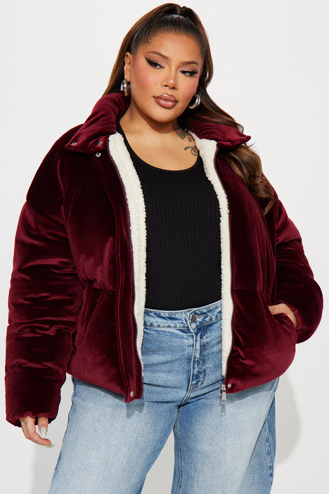Burgundy velvet best sale puffer jacket