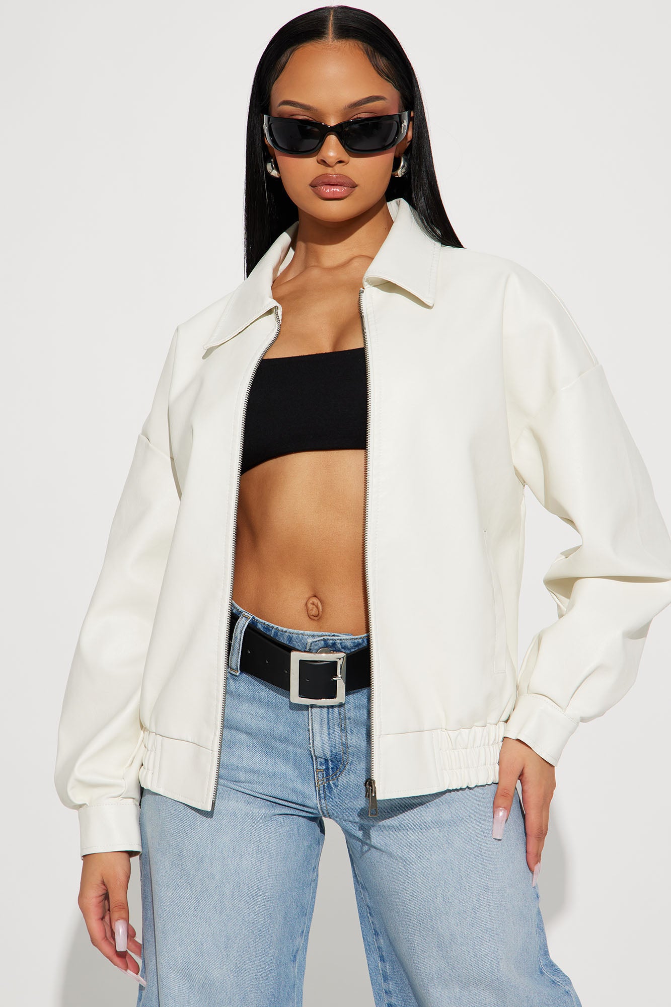 Hustle Mode Oversized Faux Leather Jacket White