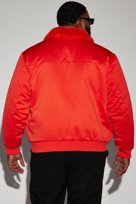 Red bomber jacket on sale with fur hood