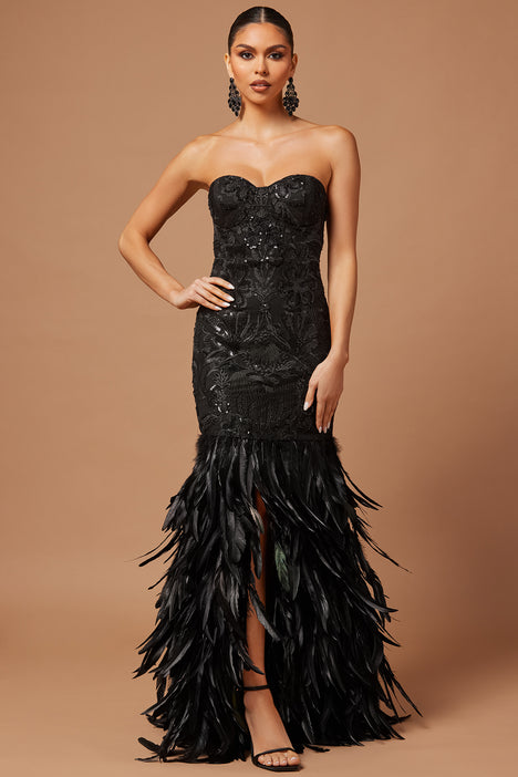 Embellished sequin maxi dress with faux feather online trim