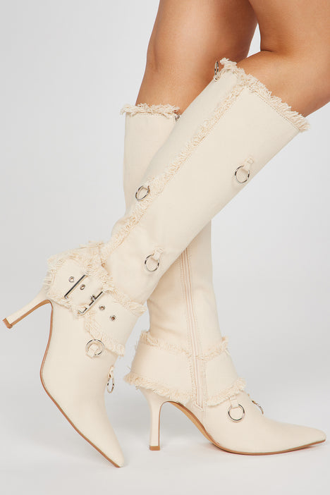 Too Daring For You Knee High Heeled Boots Beige Fashion Nova