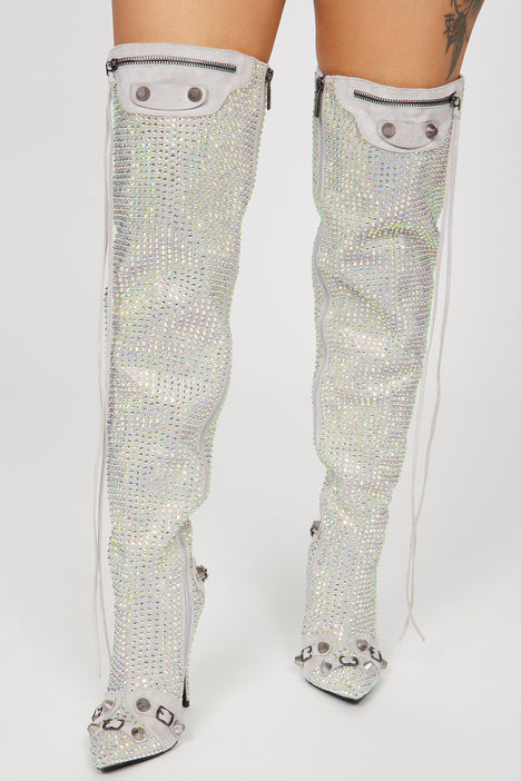 Starry Nights Knee High Heeled Boots Silver