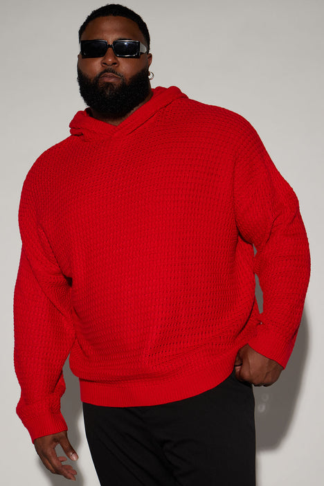Red sweater shop with hood