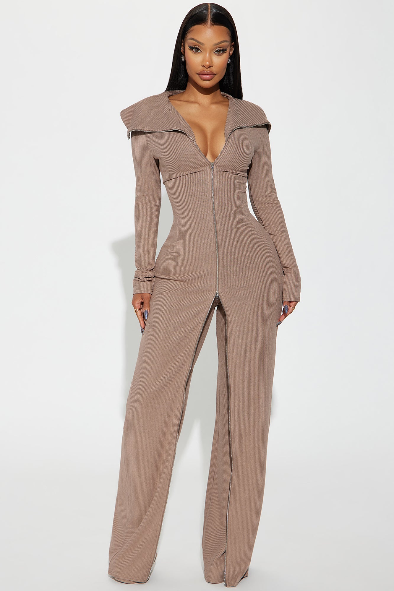 Sort Through It Ribbed Jumpsuit - Taupe