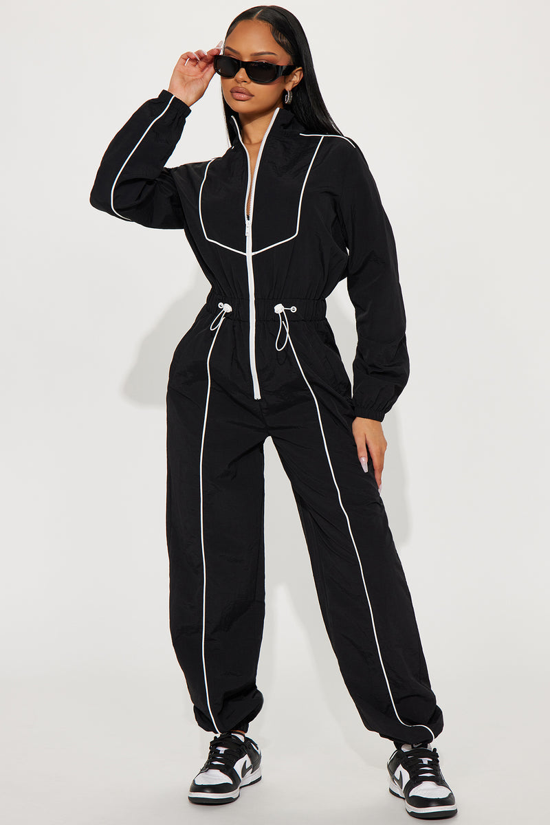 Sporty Love Windbreaker Jumpsuit Black/White Fashion Nova