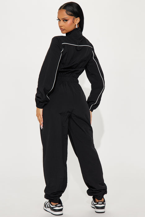 Sporty Love Windbreaker Jumpsuit Black White