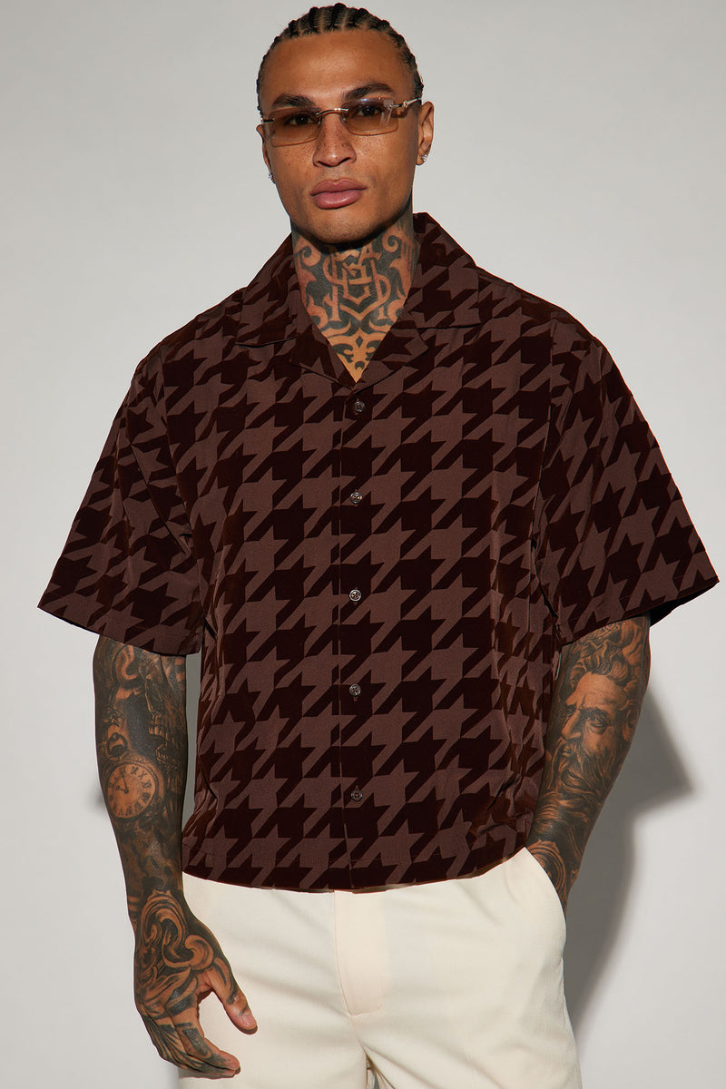 Textured Houndstooth Button Up Shirt - Brown | Fashion Nova, Mens ...