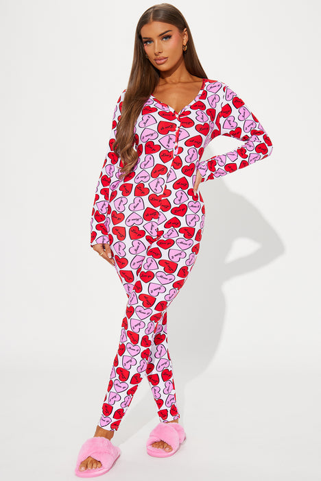 Sweet Hearts PJ Jumpsuit Onesie Hot Pink combo Fashion Nova