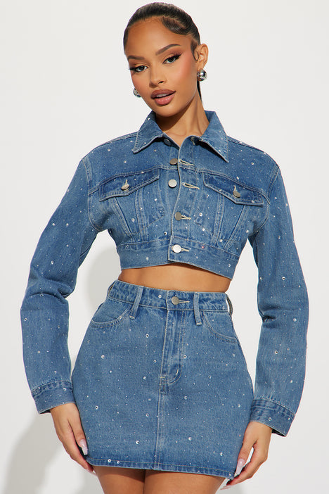 Julianna Rhinestone Denim Skirt Set Medium Wash