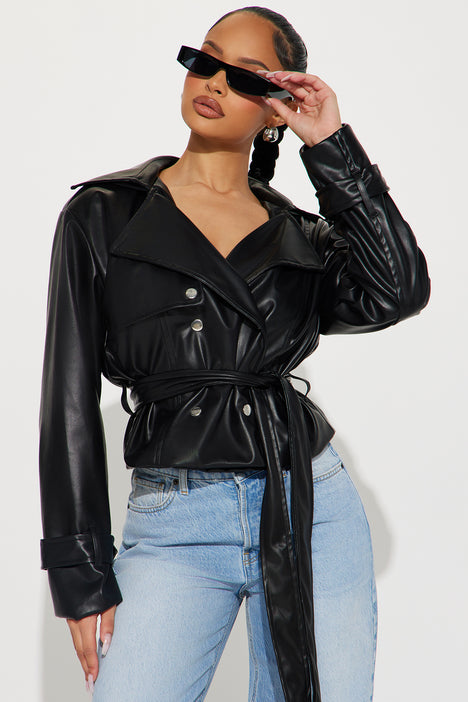 Black faux leather hooded jacket 2025