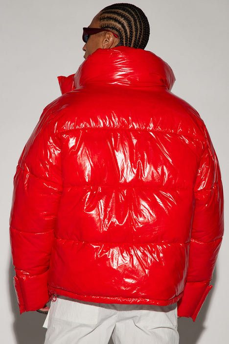 Red shiny bubble coat sales